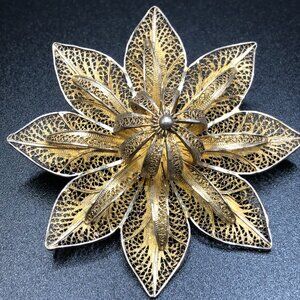 VTG Sterling Silver Flower Filigree Statement Brooch Pin
